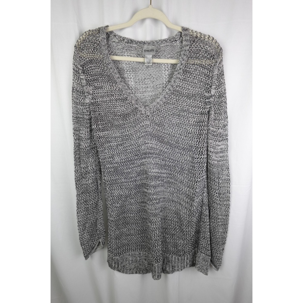 Chico's Sweater Women's L Silver Open Knit V-Neck Coverup Top Gray